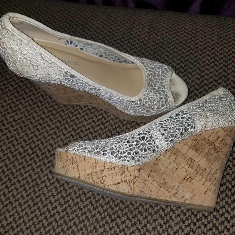 Beige white wedge heels